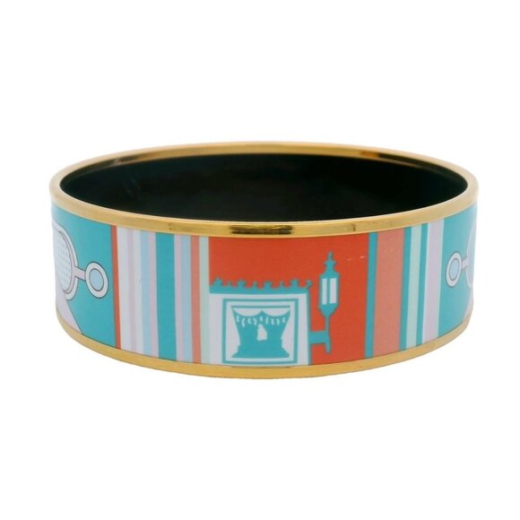 HERMES Yellow Gold Plate Enamel Washington Carriage 22.5mm Wide Bangle Bracelet
